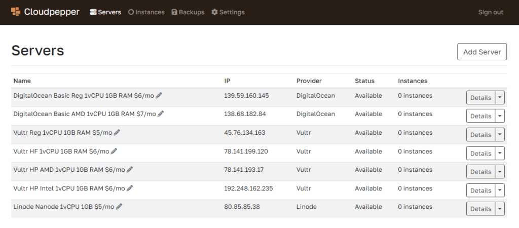 Overview of 8 provisioned servers on Cloudpepper