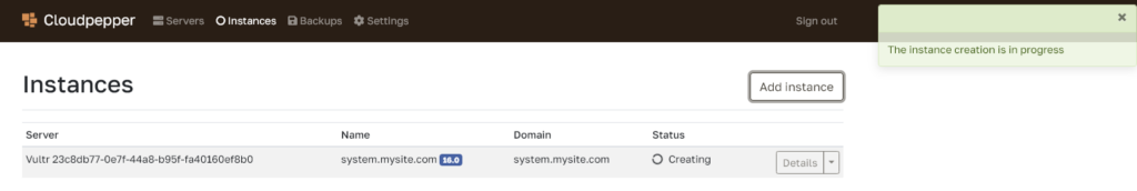 Odoo instance creation in progress