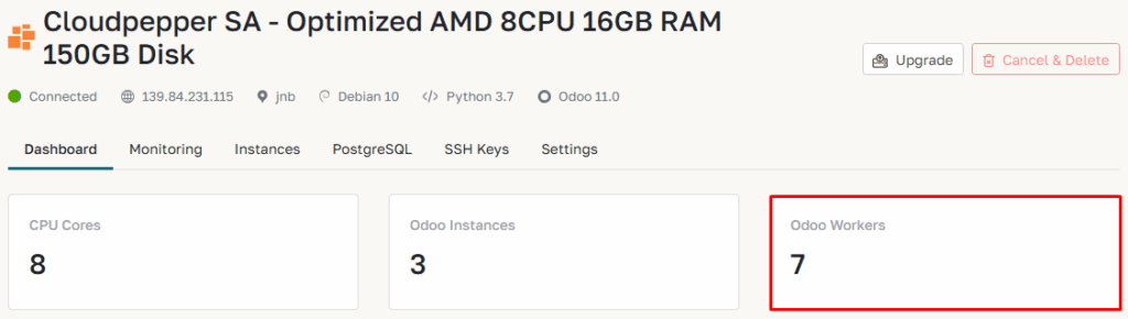 Amount of Odoo workers on cloudpepper dashboard