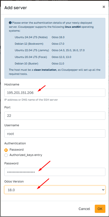 Fill in details of your Hetzner server
