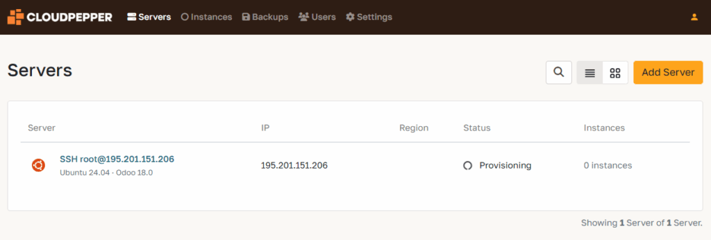 Server provisioning in the cloudpepper dashboard