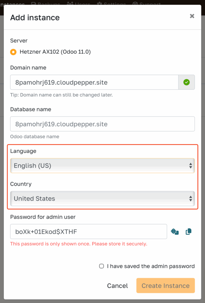 Select Country and language while creating an Odoo instance