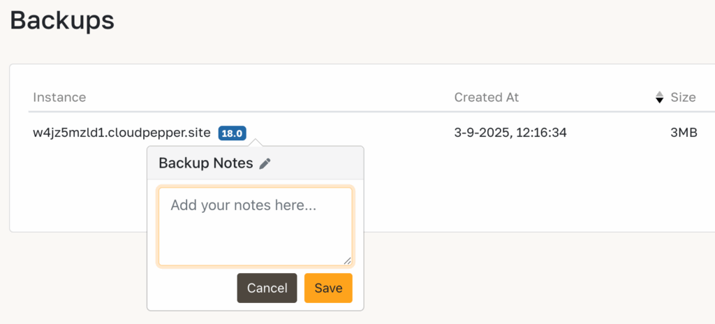 Add a note to a backup made with Cloudpepper