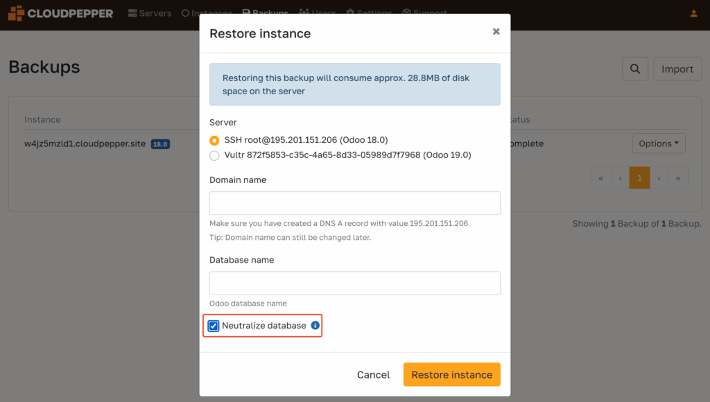 Neutralize database option on restoring Odoo backup prompt