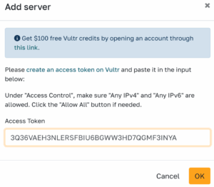 Vultr api key pasted in cloudpepper server dialog