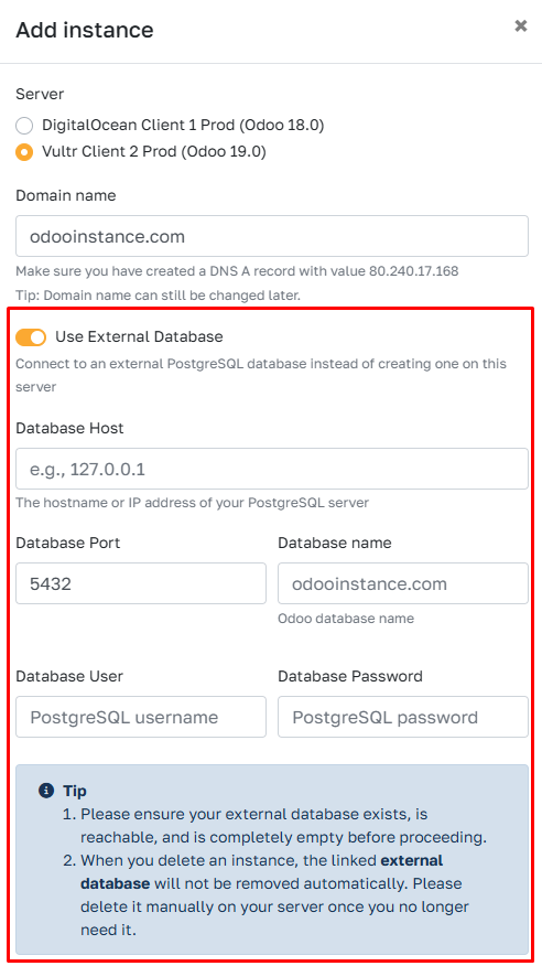 Use External Database when creating an Odoo instance